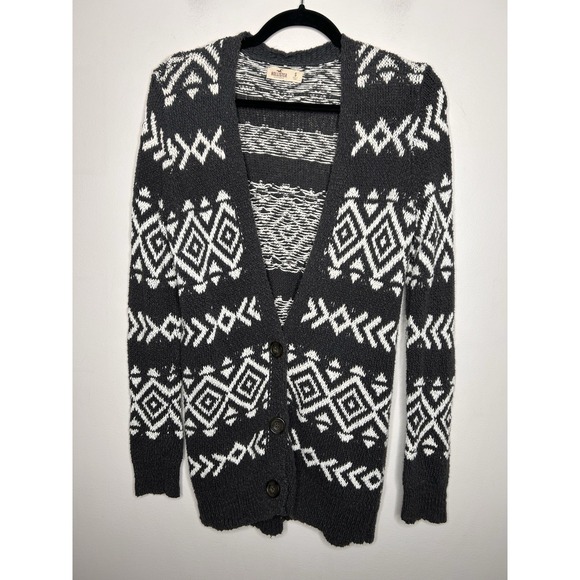 Hollister Women's Black White Aztec Long Sleeve Cardigan Sweater Y2K Size Small - Picture 1 of 8